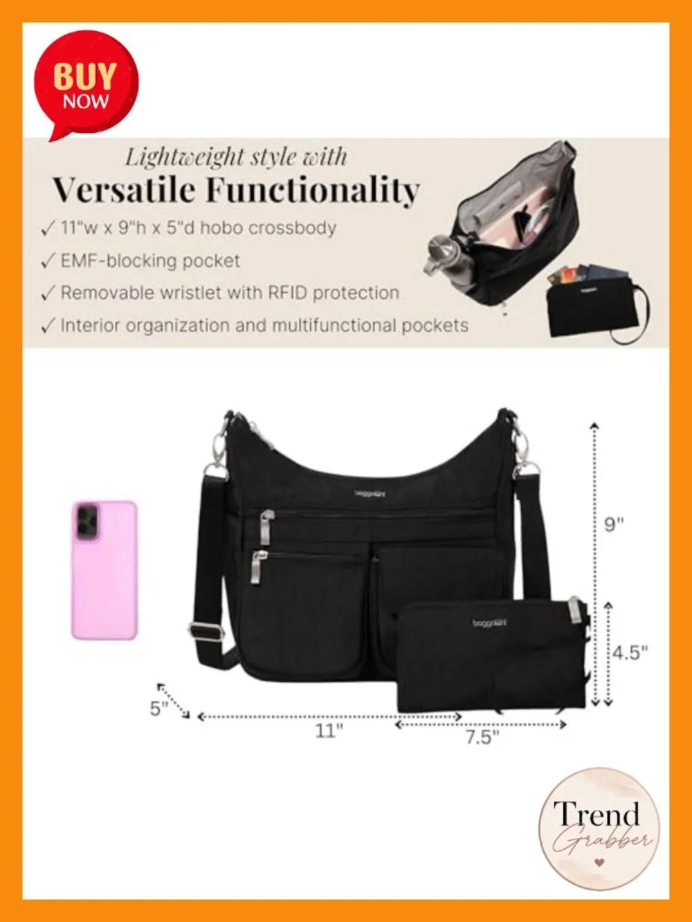 Nylon Crossbody Hobo Bag RFID Blocking EMF Pocket Lightweight Travel Purse